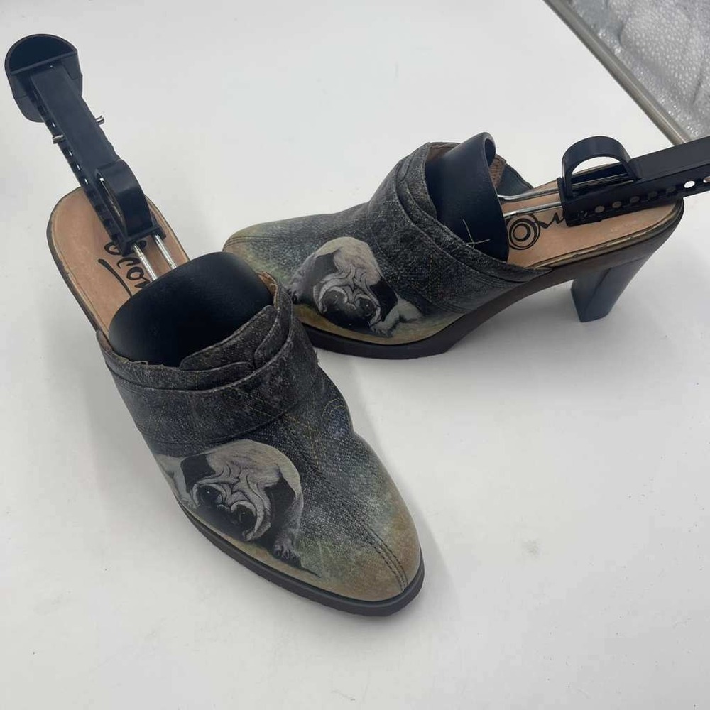 Icon Womens Pug Dog Graphic Leather Mules Clogs Black Gray‎ Size 5.5M - Picture 6 of 8